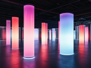 Wall Mural - Vibrant Neon Columns in Dark Space with Colorful Atmospheric Lighting