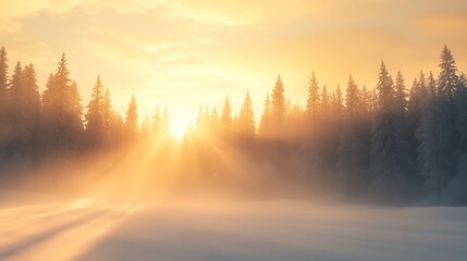Poster - Serene winter sunrise over a misty forest landscape with soft light filtering through trees.
