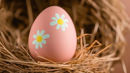 Wall Mural - Pink Easter Egg with Floral Design Nestled in Straw