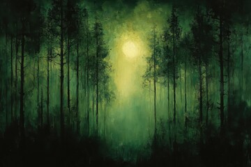 Wall Mural - Mysterious forest landscape illuminated by soft sunlight in a peaceful green setting