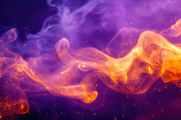 Wall Mural - abstract swirling smoke with vibrant purple and orange hues, illuminated by golden sparks.