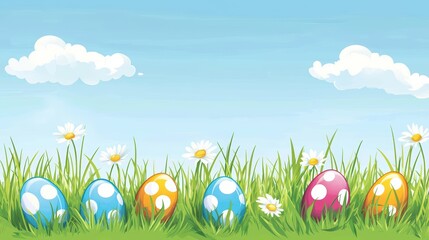 Wall Mural - Colorful Easter Eggs in Grass with Blue Sky and White Clouds