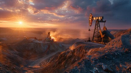 Aufkleber - Heavy machinery extracts oil as the sun sets, casting a warm glow over the rugged terrain. Smoke rises in the distance, showcasing an active drilling operation in a remote area.