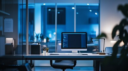Modern Office Workspace Computer Late Night Coding