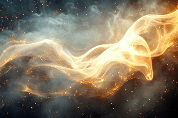 Aufkleber - Golden cosmic smoke swirls in a dark space, illuminated by glittering particles.