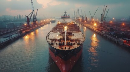 Aufkleber - A large cargo ship is securely docked at a bustling industrial port at twilight. Surrounding cranes and lights create a vibrant atmosphere, emphasizing the busy harbor activity.