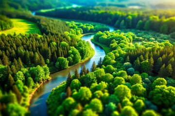 Wall Mural - Serene Aerial View: Lush Green Forest & Winding River - Tilt-Shift Photography