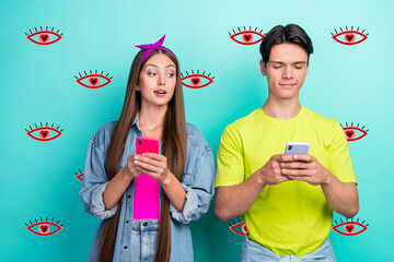 Photo of funky brunette millennial couple look telephone wear yellow pink t-shirts isolated on teal color background