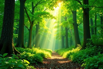 Wall Mural - Sunlight dappled forest floor, vibrant green leaves , ecology, bright