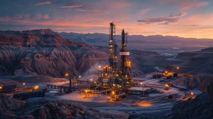 Fototapete - An oil drilling site illuminated by lights sits in a rugged desert setting at twilight, with mountains in the background and a vibrant sky showcasing pink and orange hues.
