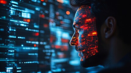 Man's Face Illuminated by Red and Orange Code on Dark Background