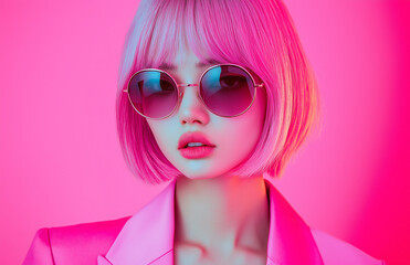 Wall Mural - Photograph of a fashion model with a pink bob hairstyle, wearing a pastel suit and sunglasses.