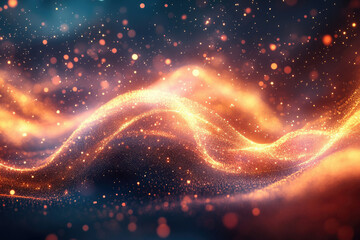 Aufkleber - Glowing particles forming a wave, abstract cosmic scene, fiery orange and deep blue hues.