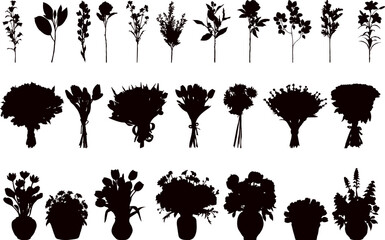 Wall Mural - set of bouquets of flowers in vases, bouquets of flowers, flowers silhouette on a white background v