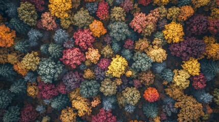 Aerial autumn forest, colorful canopy, overhead view, fall foliage, nature background, website design
