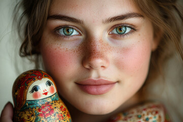 Close-up portrait of a freckled girl with green eyes holding a traditional Russian nesting doll.