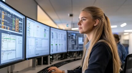focused woman monitoring data on multiple screens in modern office