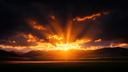 dramatic sunset over mountains with vibrant rays and clouds
