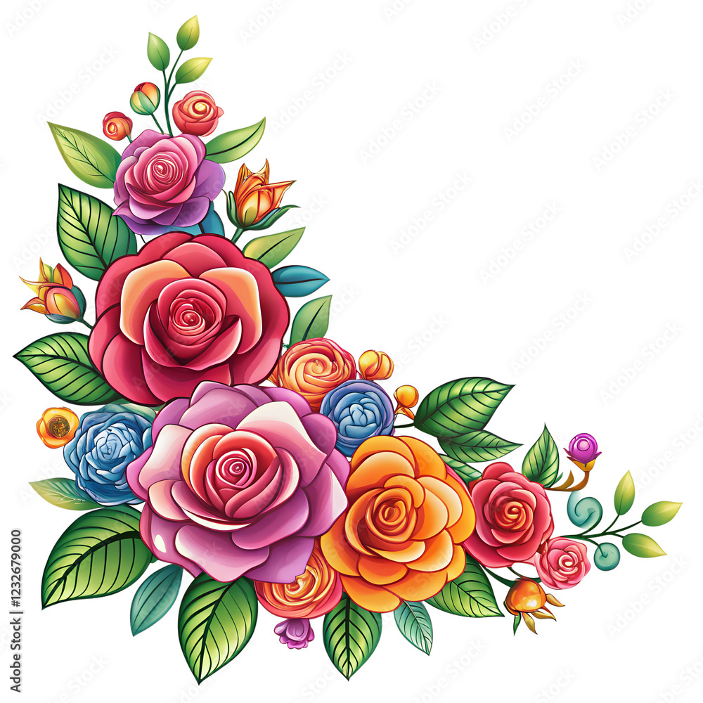 colorful floral corner design with lush roses and greenery isolated on ...