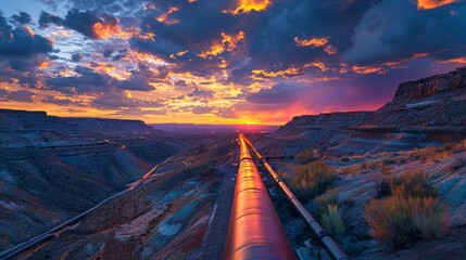 Poster - Twilight illuminates a dramatic canyon as a long pipeline runs through the rugged terrain, creating a striking contrast against the colorful sky at sunset.