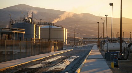 Leinwandbilder - A large industrial facility stands against a backdrop of mountains during sunset, featuring storage tanks and active pipelines emitting steam into the evening sky.