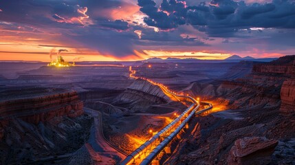 Poster - Golden hues of sunset reflect on a winding pipeline that traverses a dramatic canyon, with glowing clouds adding to the tranquil yet powerful landscape.