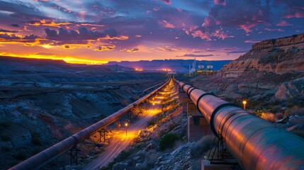 Poster - Beneath a vibrant sunset, a long pipeline runs through a canyon, illuminating the rugged terrain with warm lights. The colorful sky contrasts the industrial elements harmoniously.