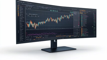 Ultrawide monitor displays stock market data; office background