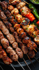 Wall Mural - Aerial view of a vibrant platter filled with perfectly grilled lamb and chicken kebabs alongside mini peppers