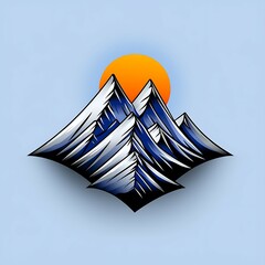 Wall Mural - a stylized depiction of snow-capped mountains with a vibrant orange sun set against a blue backgroun