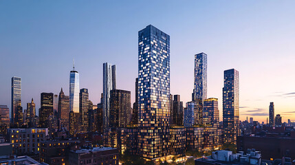 Wall Mural - A photograph of the Manhattan skyline during twilight with illuminated buildings against a dusk sky