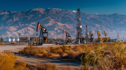 Aufkleber - Pumping units operate in a vast desert area surrounded by mountains. The activity takes place in the early morning, with clear skies highlighting the landscape's features.