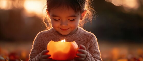 Wall Mural - a young child holds a lit candle in their hands during the fall season.