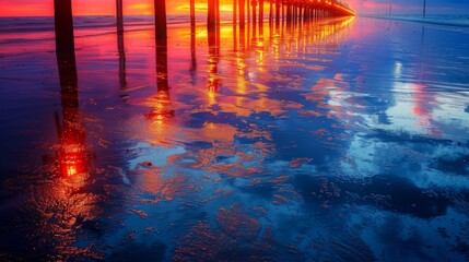 Poster - Vibrant colors fill the sky as the sun sets above a beach pier, casting reflections on the water below. Bright lights line the structure, enhancing the tranquil atmosphere.