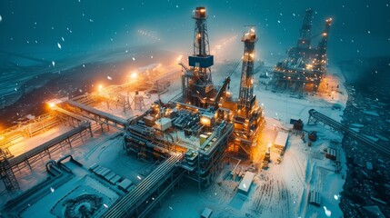 Poster - Multiple oil drilling rigs shine brightly in the dark, snowy Arctic night. Snowflakes fall gently, creating a peaceful contrast to the industrial setting.