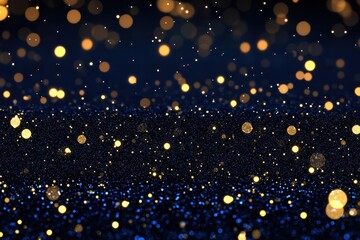 Wall Mural - Glittering Blue and Gold Festive Bokeh Background with Abstract Particles and Foil Shine