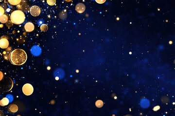 Wall Mural - Glittering Blue and Gold Festive Bokeh Background with Abstract Particles and Foil Shine