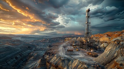 Leinwandbilder - A drilling rig stands tall on the edge of a vast quarry, surrounded by rugged terrain. The sky is filled with swirling clouds as sunset casts vibrant colors over the landscape.