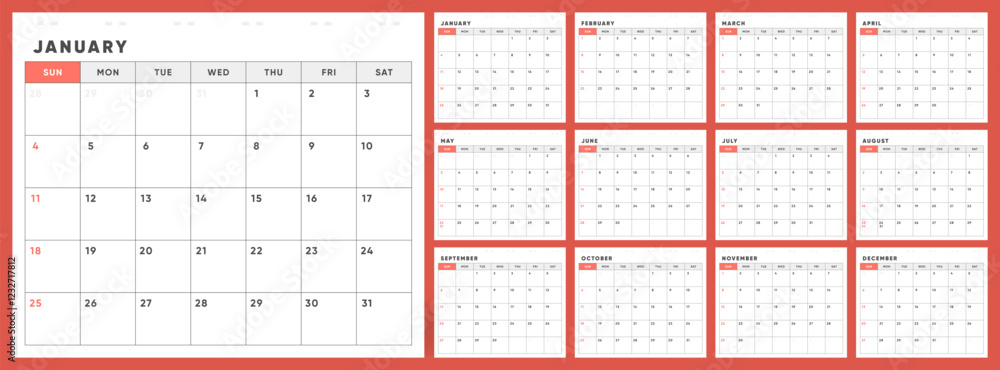 Calendar 2026. Week starts Sunday. Office corporate design monthly 2026 ...