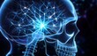 © 문용 최 - 과적된 정보의 신경망 폭주, 두개골 안에서 푸른색 신경세포들이 과열된 CPU처럼 깜빡이며 과도하게 연결되는 모습