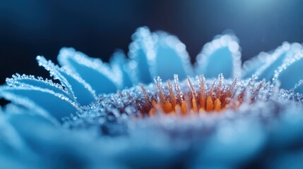 Wall Mural - close-up of a frozen blue flower with ice crystals