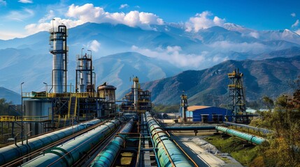 Aufkleber - An industrial facility is surrounded by mountains with clouds hovering above. Numerous pipelines extend towards structures, showcasing a blend of nature and industry during daylight.