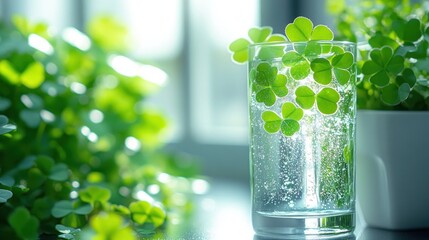 Wall Mural - Clover, glass, water, window, sun, freshness, drink, spring, background, bokeh