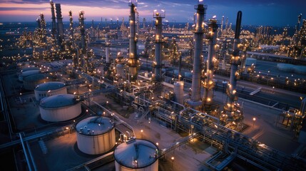 Aufkleber - At dusk, an industrial refinery comes to life with bright lights illuminating towering structures and storage tanks, creating a striking view against the evening sky.