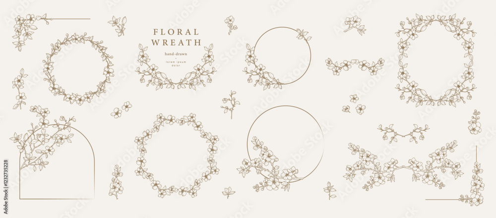 Floral frames set with blooming branches, leaves, flowers in line art ...
