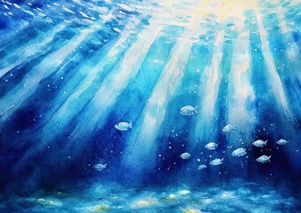 Wall Mural - A stunning, sunlit summer scene. Watercolor artwork depicting the ocean floor with sunlight streaming through the water. Fish and sea creatures swimming. Ideal for illustrations, postcards, websites