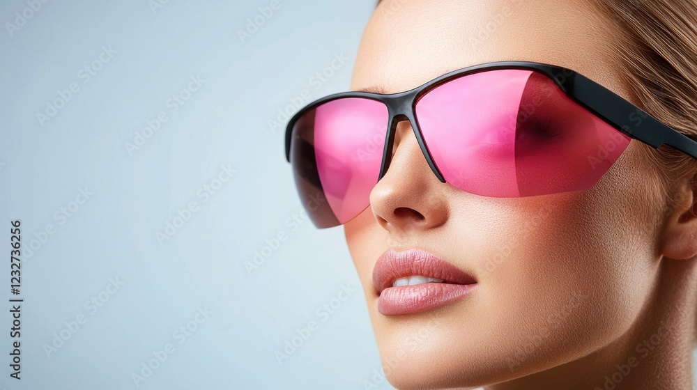 Close up portrait of a young woman with pink sunglasses, light skin with water droplets, and neutral makeup. Soft lighting against a light blue background.