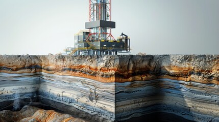 Leinwandbilder - A modern drilling rig is situated at a mining site, surrounded by layers of Earth showcasing various geological formations. The advanced equipment is actively engaged in resource extraction.