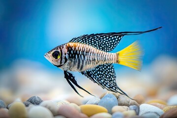 Bannerfish, Pennantfish, and butterfly fish against a blue backdrop