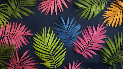 Wall Mural - Vibrant tropical leaves in neon colors on dark background.